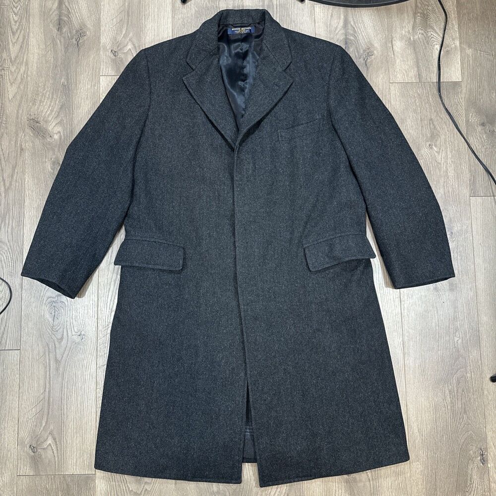 Vintage Brooks Brothers Wool Long Overcoat Herringbone Gray Men's Size 43 Long